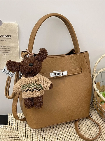 Vintage PU Leather Litchi Pattern Bucket Bag For Women With Bear Pendant Metal Lock Handbag Crossbody Shoulder Bag