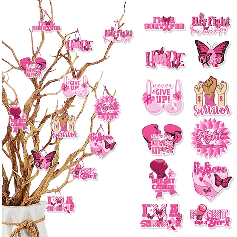 12Pcs Breast Cancer Awareness Pink Ribbon Hanging Tags Hope Survivor Charity Party Decorations Paper Cards With Hemp Rope