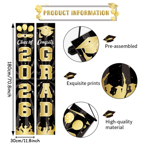 Set di Decorazioni per Festa di Laurea 2026 Nero Oro Sfondo Banner Congrats Grad Palloncini per Cerimonia di Laurea Accessori per Feste