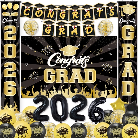 Set di Decorazioni per Festa di Laurea 2026 Nero Oro Sfondo Banner Congrats Grad Palloncini per Cerimonia di Laurea Accessori per Feste