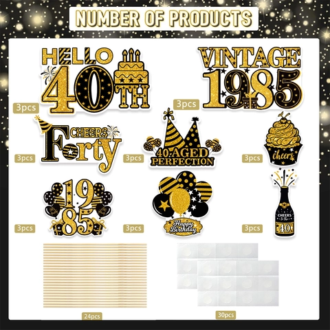 Decorazioni per Feste di Compleanno Pietra Miliare Nero Oro Inserti per Vasi Vintage Hello Centrotavola per Compleanno Foto Proposte