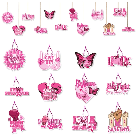 12Pcs Breast Cancer Awareness Pink Ribbon Hanging Tags Hope Survivor Charity Party Decorations Paper Cards With Hemp Rope