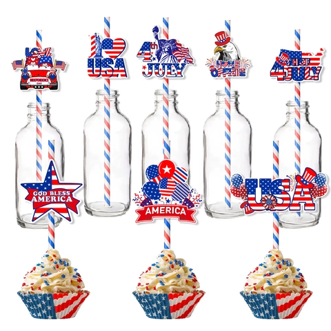 Independence Day 4th Of July Party Straw Decorations Set Patriotic Red White Blue Paper Inserts For Cupcakes Drinks