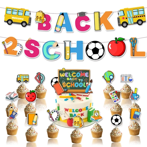 Decorazione per Festa Rientro a Scuola Banner Cake Topper Aula Scuola Materna Elementare Welcome Back Ghirlanda di Carta Stampata Accessorio