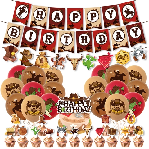 Decorazioni per Feste di Compleanno a Tema Western Cowboy Banner Palloncini in Lattice Cake Topper Retro Celebrazione Decorazioni