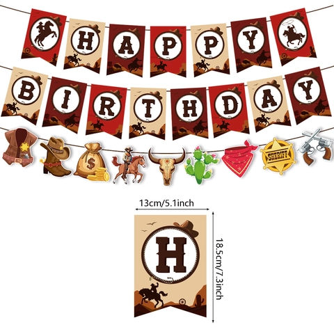 Ensemble de Décoration de Fête d'Anniversaire sur le Thème Cowboy de l'Ouest Bannière Happy Birthday Toppers de Gâteau