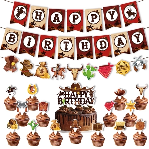 Ensemble de Décoration de Fête d'Anniversaire sur le Thème Cowboy de l'Ouest Bannière Happy Birthday Toppers de Gâteau