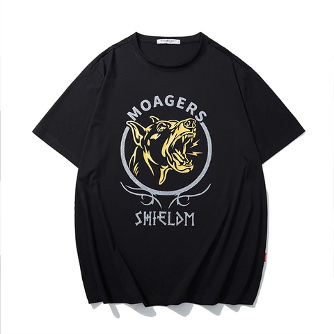 Men's Oversized T-Shirt Streetwear Cotton Blend Gold Stamping Dog Head Letter Print Short Sleeve Crew Neck Casual Top