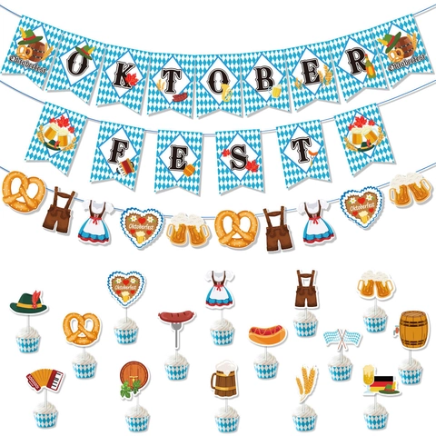 Oktoberfest Party Dekoration Set Bayerisches Blau Weiß Rauten Banner Tortenaufsatz Deutsches Bierfest Haus Party Bedarf