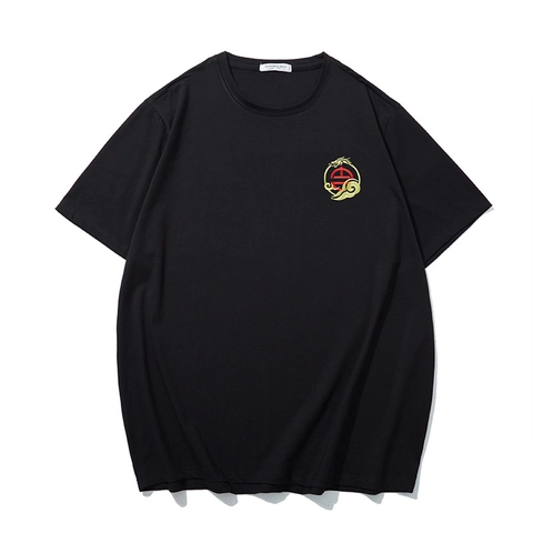 Übergröße Herren T-Shirt Chinesischer Stil Bestickt Baumwolle Lässig Locker Kurzarm Top Schwarz Streetwear Sommer Tee