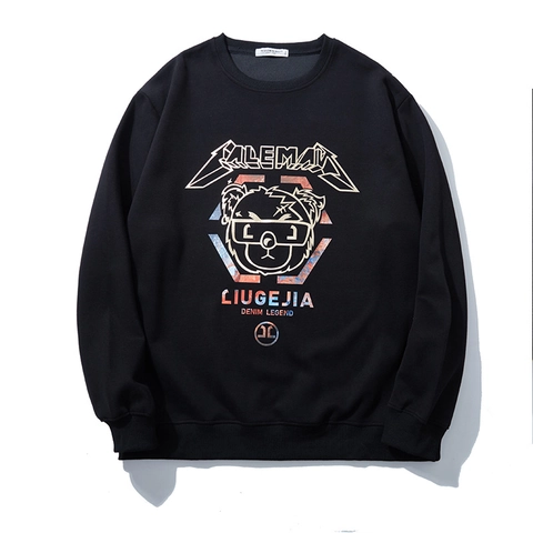 Sudadera de Talla Grande para Hombre Algodón Streetwear Oso de Dibujos Animados Estampado de Letras Cuello Redondo Ajuste Holgado Otoño Casual Pullover
