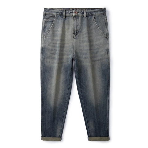 Heren Vintage Washed Straight Leg Jeans Losse Pasvorm Grote Maat Katoen Denim Broek Verouderde Retro Stijl Blauw Casual Broek