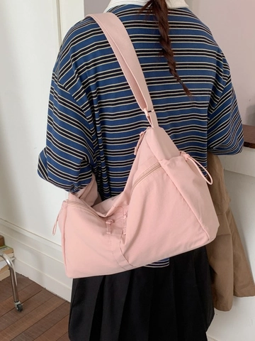 Women Large Capacity Crossbody Bag Minimalist Solid Color Nylon Canvas Tote Lightweight Commuting Shoulder Bag With Multi Pockets