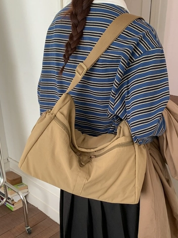 Women Large Capacity Crossbody Bag Minimalist Solid Color Nylon Canvas Tote Lightweight Commuting Shoulder Bag With Multi Pockets