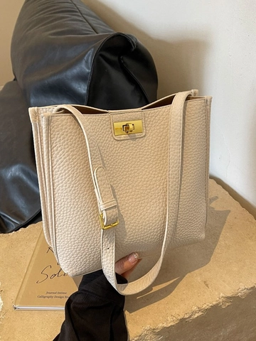 Damen Große Kapazität PU Leder Einkaufstasche Vintage Kieseltextur Unterarmtasche Mit Goldenem Verschluss Pendler Umhängetasche