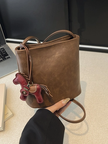 Bolso Bombonera de Cuero PU Vintage para Mujer Retro Color Sólido Bolso de Hombro Con Colgante de Caballo Moda Bolso Cruzado