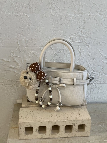 Women Retro PU Leather Shoulder Bag Litchi Pattern Mini Square Handbag With Bow And Plush Charm Fashion Crossbody Bag
