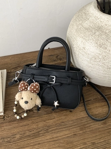 Women Retro PU Leather Shoulder Bag Litchi Pattern Mini Square Handbag With Bow And Plush Charm Fashion Crossbody Bag