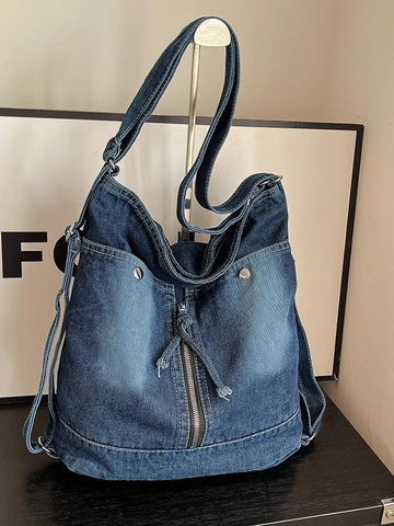 Bolso Tote de Mezclilla Lavada para Mujer Gran Capacidad Retro Contraste de Color Bolso de Hombro Con Remaches y Cremallera