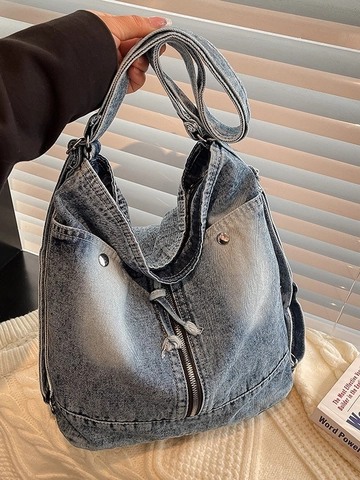 Bolso Tote de Mezclilla Lavada para Mujer Gran Capacidad Retro Contraste de Color Bolso de Hombro Con Remaches y Cremallera