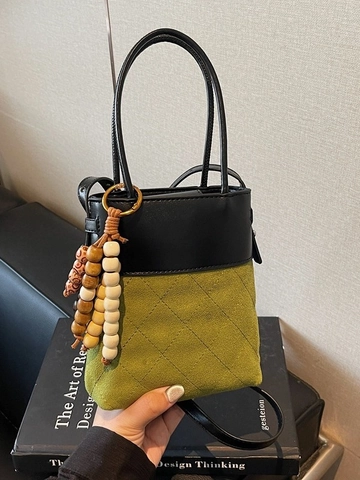 Borsa a Secchiello in Camoscio Color Block Vintage da Donna Moda Trapuntata a Rombi Borsa a Tracolla Con Ciondolo in Grani di Legno Boho