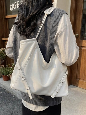 Damen Mode Große Kapazität PU Leder Tote Bag Glänzende Pendler Schulter Umhängetasche Mit Ziernaht Details Handtasche