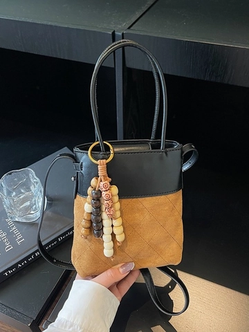 Borsa a Secchiello in Camoscio Color Block Vintage da Donna Moda Trapuntata a Rombi Borsa a Tracolla Con Ciondolo in Grani di Legno Boho