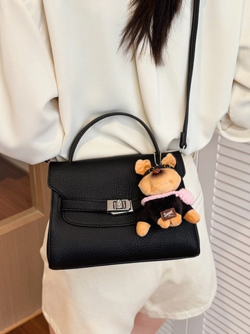 Borsa a Mano Vintage da Donna Trama Litchi in Pelle PU Borsa a Tracolla Con Ciondolo a Forma di Cane Elegante Urban Satchel