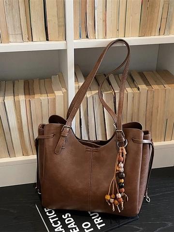 Women Large Capacity PU Leather Tote Bag Minimalist Urban Style Daily Work Shoulder Bag With Beaded Tassel Charm Retro Handbag