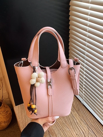 Women Lychee Pattern PU Leather Bucket Bag With Flower Pendant Minimalist Contrast Stitching Shoulder Crossbody Handbag Fashion Purse
