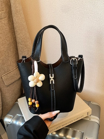Women Lychee Pattern PU Leather Bucket Bag With Flower Pendant Minimalist Contrast Stitching Shoulder Crossbody Handbag Fashion Purse