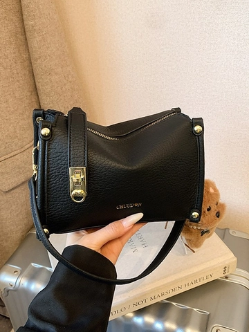 Vintage PU Leather Lychee Pattern Crossbody Bag For Women With Gold Hardware And Plush Bear Charm Small Square Bag