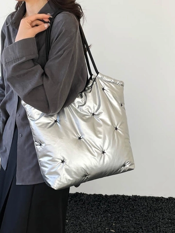 Bolso Tote Acolchado Estrella de Gran Capacidad para Mujer Brillante Metálico Bolso de Hombro Casual Bolso Bandolera para Diario