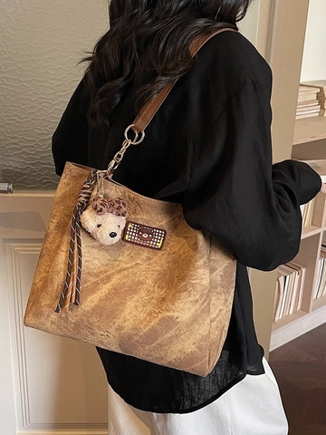 Borsa Tote da Donna Vintage in Pelle PU di Grande Capacità Con Goffratura a Orso E Ciondolo in Peluche Borsa a Tracolla Casual Moda