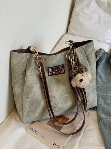 Borsa Tote da Donna Vintage in Pelle PU di Grande Capacità Con Goffratura a Orso E Ciondolo in Peluche Borsa a Tracolla Casual Moda