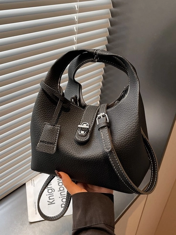 Dames Litchi Korrel PU Leer Emmer Tas Contrast Stiksel Zilver Slot Crossbody Schouder Handtas Retro Mode Handtas