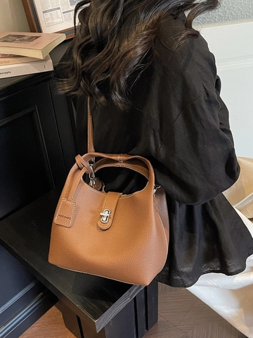 Dames Litchi Korrel PU Leer Emmer Tas Contrast Stiksel Zilver Slot Crossbody Schouder Handtas Retro Mode Handtas