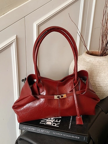 Women Large Capacity Tote Bag Glossy PU Leather Wrinkle Texture Retro Commuter Shoulder Bag Elegant Underarm Fashion Handbag