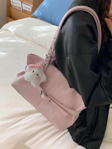 Women Large Capacity PU Leather Tote Bag Fashion Casual Shoulder Bag With Decorative Belt Buckle And Plush Bear Charm