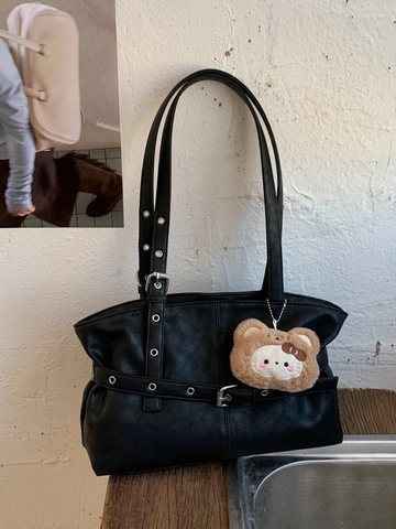Women Large Capacity PU Leather Tote Bag Fashion Casual Shoulder Bag With Decorative Belt Buckle And Plush Bear Charm