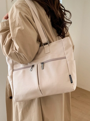 Women Large Capacity Canvas Tote Bag Minimalist Multi Pocket Shoulder Bag For College Student Daily Commute Retro Handbag
