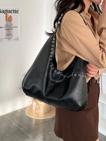 Borsa Tote in Pelle PU di Grande Capacità per Donna Urban Minimalista Borsa a Spalla Hobo Pendolare Con Decorazione in Occhielli di Metallo