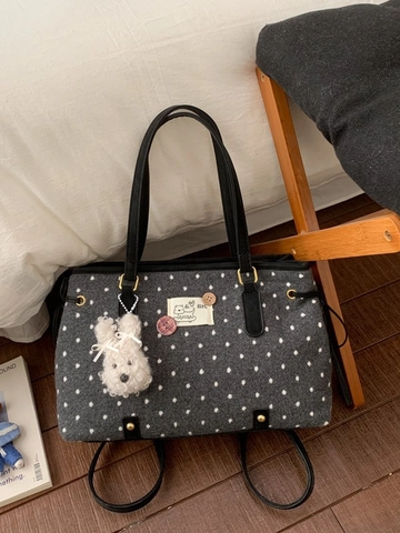 Women Stylish Polka Dot Tote Bag Polyester Felt Large Capacity Shoulder Bag With Cute Rabbit Plush Charm Daily Handbag
