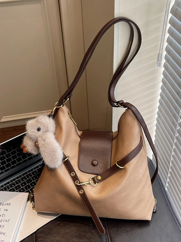 Women Large Capacity Commuter Tote Bag Retro PU Leather Contrast Color Shoulder Bag With Plush Rabbit Pendant Fashion Handbag