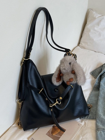 Women Large Capacity Commuter Tote Bag Retro PU Leather Contrast Color Shoulder Bag With Plush Rabbit Pendant Fashion Handbag