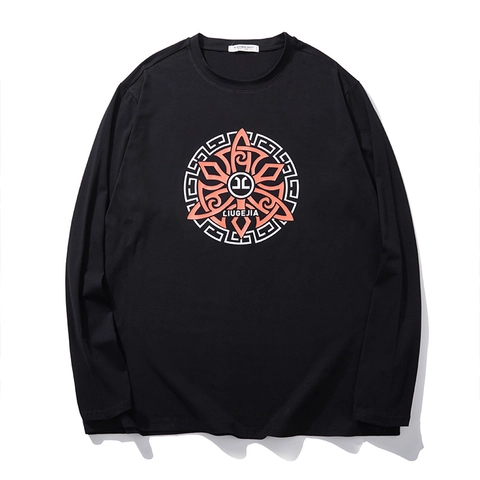 Maglietta da Uomo Taglie Forti in Cotone a Maniche Lunghe Vestibilità Ampia con Stampa Grafica Girocollo Casual Streetwear Nero