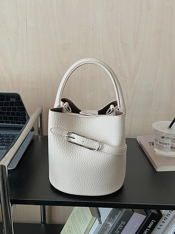 Bolso de Cubo de Cuero PU con Patrón de Litchi para Mujer Bolso de Hombro Minimalista Color Sólido Con Hebilla