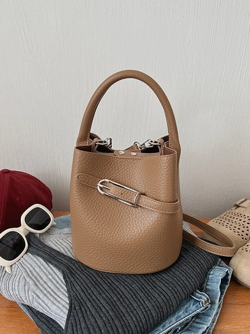 Bolso de Cubo de Cuero PU con Patrón de Litchi para Mujer Bolso de Hombro Minimalista Color Sólido Con Hebilla