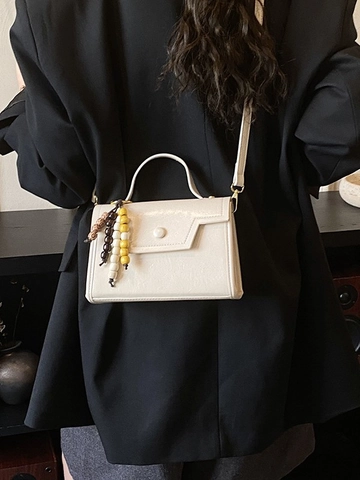 Sac à Épaule en Cuir PU Vintage pour Femmes Petit Sac Carré à Rabat avec Charme Perlé Sac de Travail Décontracté
