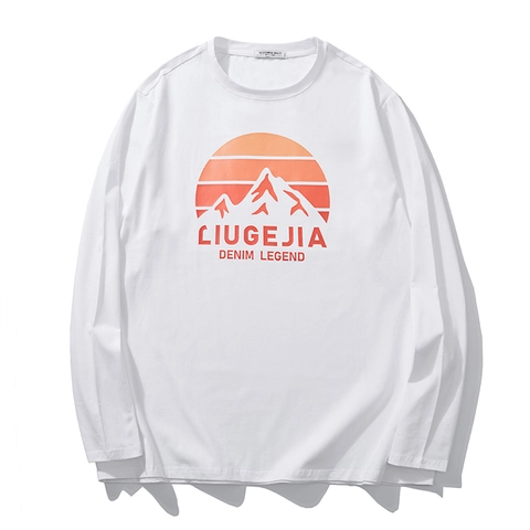 Men Plus Size Long Sleeve T-Shirt Cotton Blend Mountain Sunset Print Crew Neck Loose Casual Streetwear Top